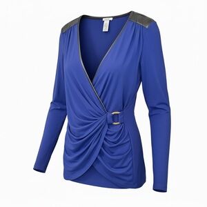 Cache Blue Ruched Wrap Top Faux Leather Shoulder Detail Size L